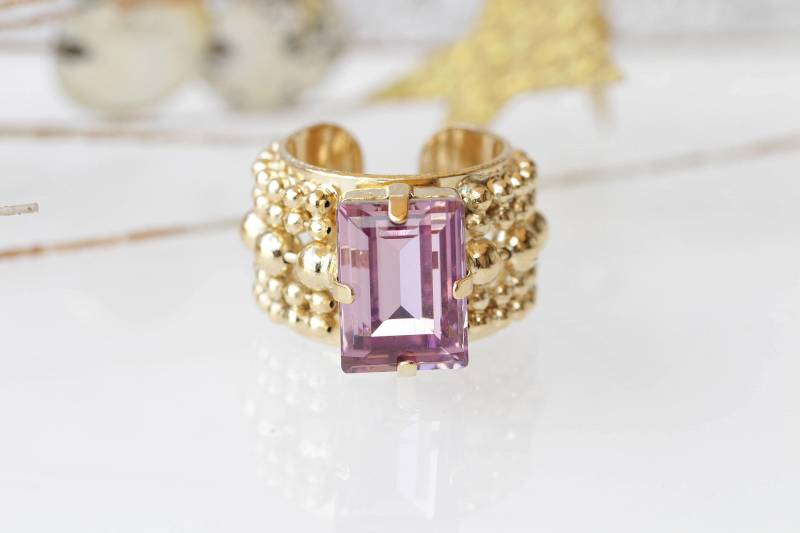 Lila Kristallring, Ornament Ring, Rechteckiger Art Deco Geschenk Für Sie, Heller Amethyst Breiter Brautring von rebekajewelry