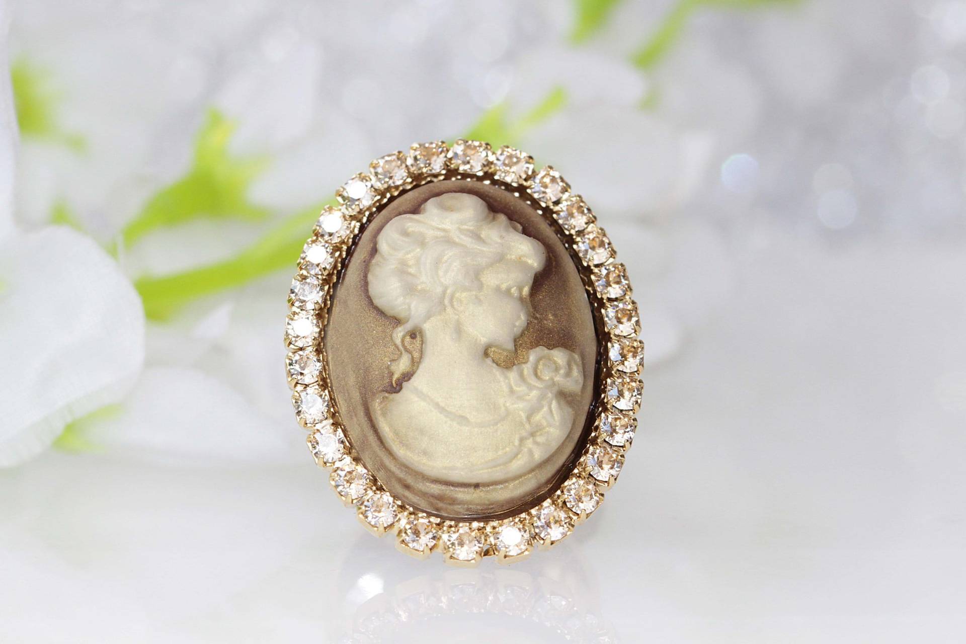 Art Deco Cameo Ring Braun Champagner Kristall Ring von rebekajewelry