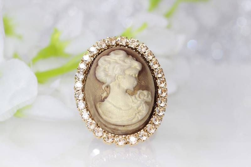Art Deco Cameo Ring Braun Champagner Kristall Ring von rebekajewelry