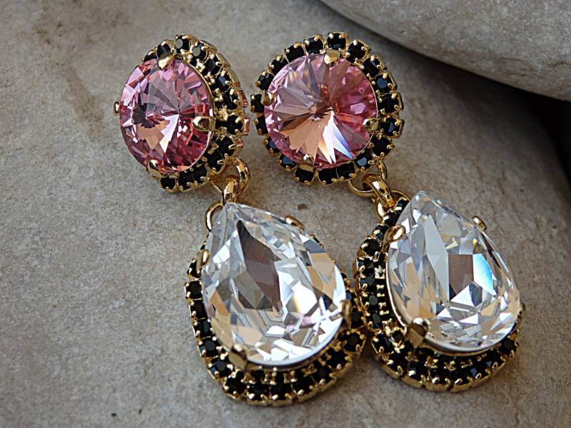 Klare Rosa Kronleuchter Ohrringe, Gold Schwarze Hochzeitsschmuck Für Braut, Brautjungfer Ohrringe Geschenk. Teardrop Ohrringe von rebekajewelry