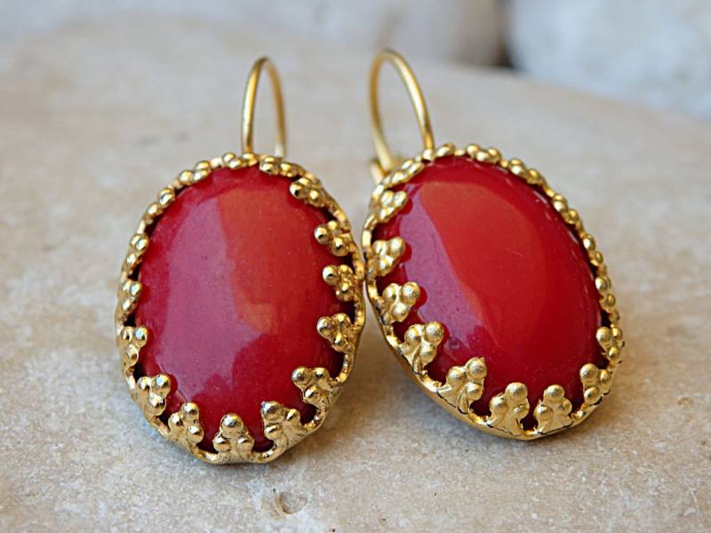 Rote Koralle Ohrringe Edelstein Schmuck Im Vintage Stil von rebekajewelry
