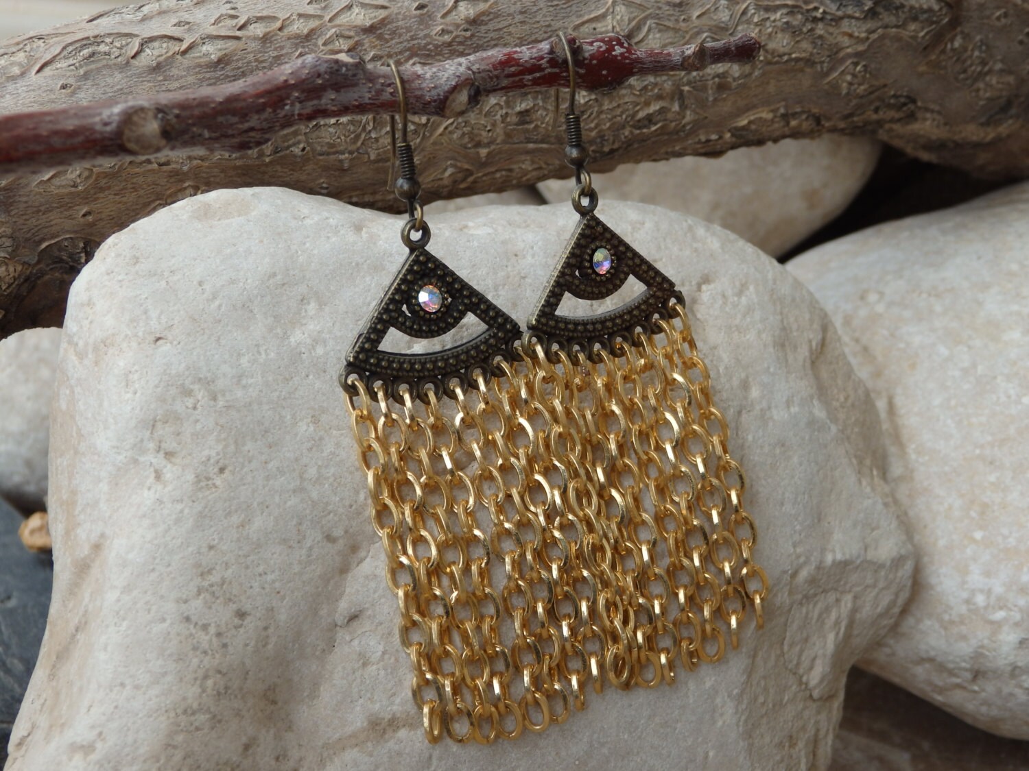 Chandelier Lange Gold Ohrringe. Kristall Fransen Lange Goldkettenohrringe . Braut Boho Ohrringe von rebekajewelry