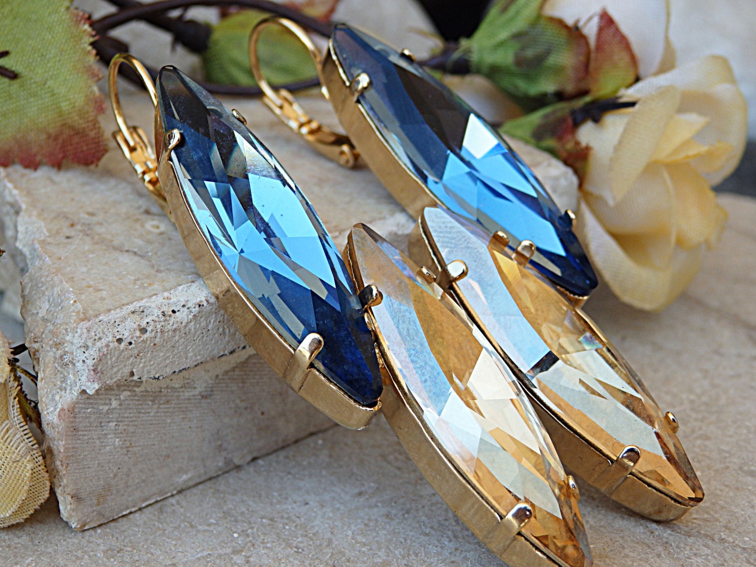 Navy Blaue Champagner Ohrringe. Braut Statement Vergoldete Brautjungfer Schmuck Geschenk. Hochzeit Abschlussball Ohrringe von rebekajewelry