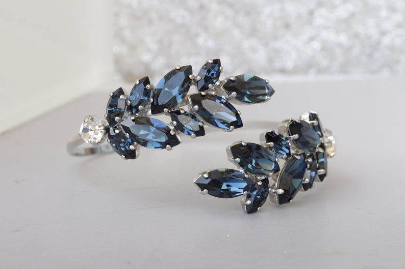Navy Blue Bracelet, Armband, Blattarmband, Verstellbares Etwas Blaues, Braut Armmanschette, Blaues Kristallarmband von rebekajewelry