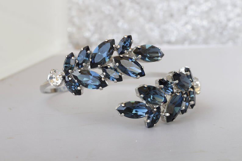 Navy Blue Bracelet, Armband, Blattarmband, Verstellbares Etwas Blaues, Braut Armmanschette, Blaues Kristallarmband von rebekajewelry