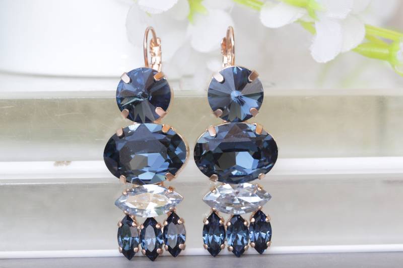 Navy Ohrringe, Dunkelblaue Ohrringe, Cluster, Hochzeit Brautschmuck, Weihnachtsgeschenk, Dusty Blau Und Rose Gold Ohrringe von rebekajewelry