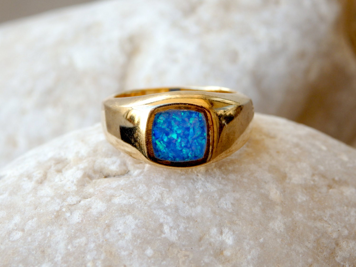 Opal Goldring Siegelring, Feueropal Blauer Opalring Viereck, Goldfilled Ring Herren-Frauen-Unisex-Siegelring Opal Goldring Siegelring, Feueropal Blauer Opalring Viereck, Goldfilled Ring Herren-Frauen-Unisex-Siegelring von rebekajewelry