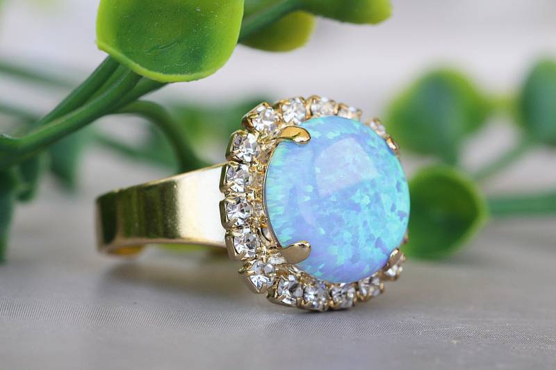 Opalring, Blauer Goldring, Opal Und Pave Ringe, Oktober Geburtsstein, Mütter Ring, Verlobungsring von rebekajewelry