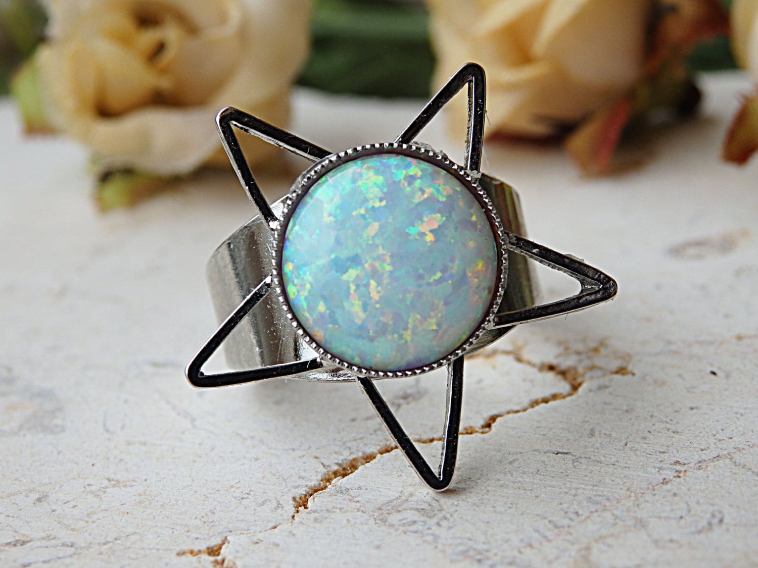 Opal Ring. Weißer Edelsteinring. Sterne Ring Verstellbar. Oktober Schmuck. Geburtssteine Einzigartiger Für Sie.alle Größen Ring. Offener von rebekajewelry