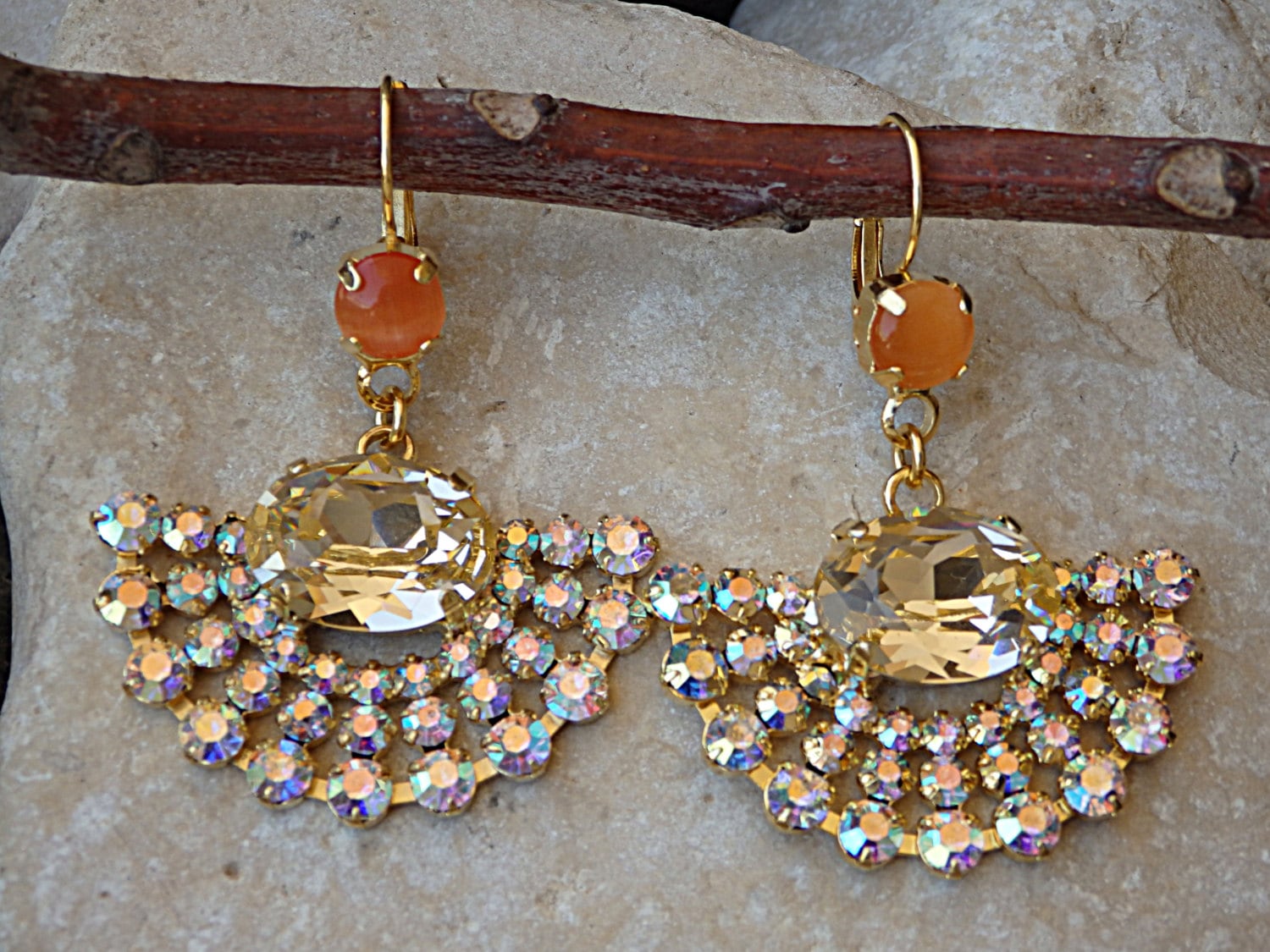 Orange Champagner Kristallfächer Ohrringe Tropfen Ohrringe Für Den Abend Schmuck von rebekajewelry