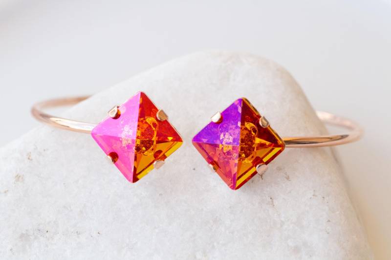 Orange Pink Armband, Astral Rosa Armband, Quadrat Orange Schmuckset, Gold Ohrringe, Schmuck Für Sie, Hot Fuchsia Ohrringe von rebekajewelry