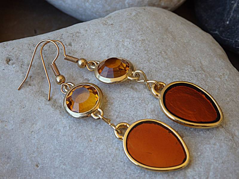 Orange Teardrop Ohrringe, Mandarin Emaille Gold Tropfen Damen Kristall Schmuck von rebekajewelry