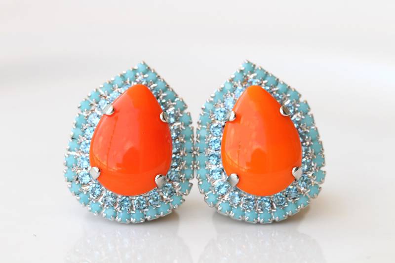 Orange Türkis Ohrringe Heiße Farbe Teardrop Ohrstecker, Abend Blau Silber Schmuck, Achat Stein Orange Türkis Ohrringe Heiße Farbe Teardrop Ohrstecker, Abend Blau Silber Schmuck, Achat Stein von rebekajewelry