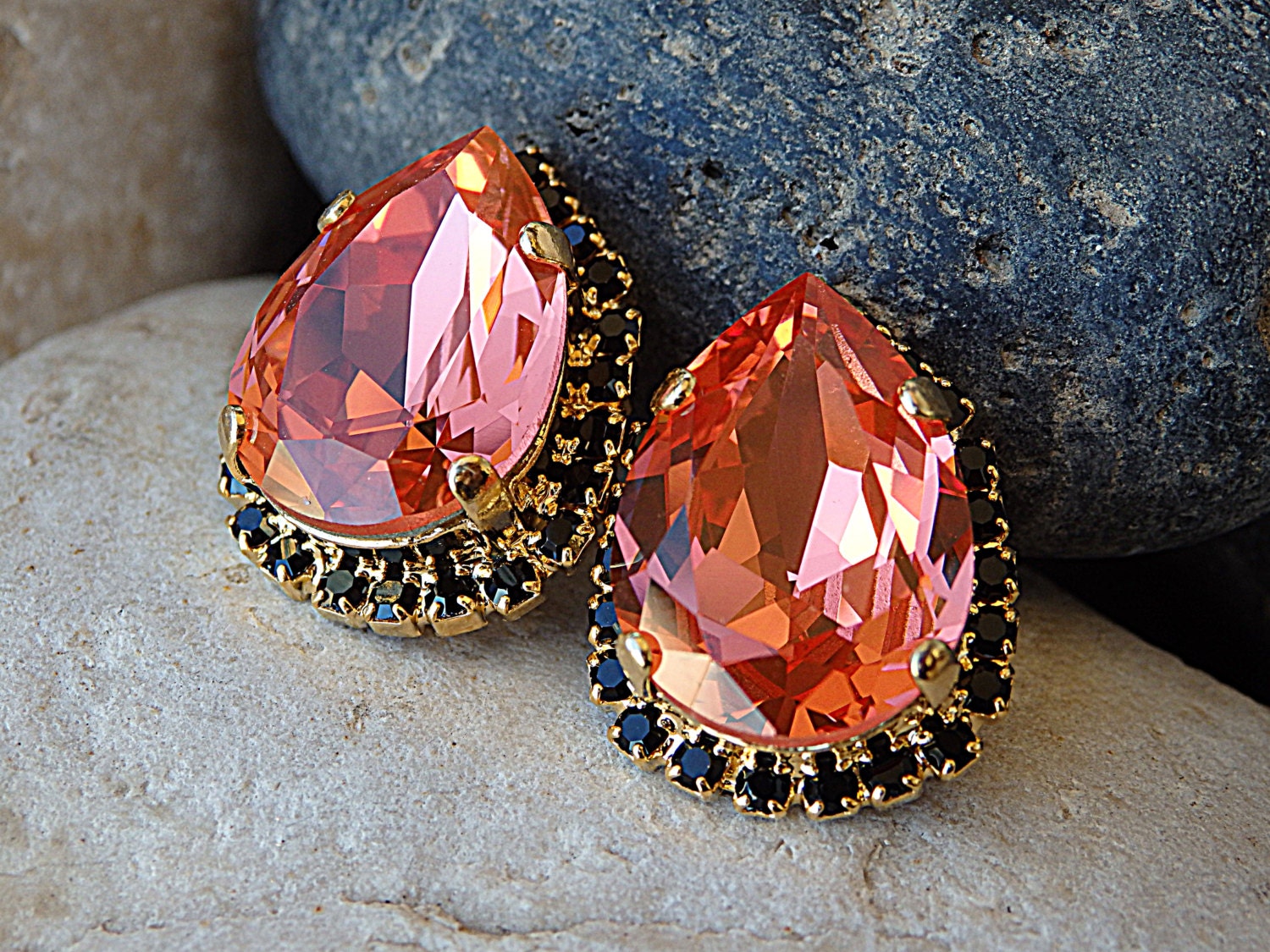 Orange Und Schwarze Ohrringe, Teardrop Ohrstecker, Strass Glänzende Ohrringe .gift Für Frauen, Elegante Schmuck Frau von rebekajewelry