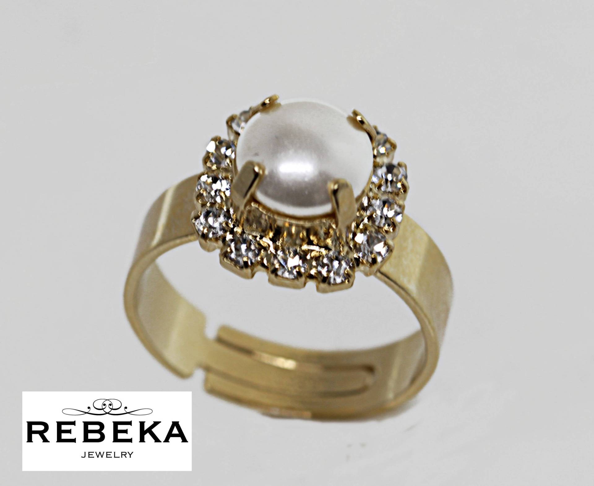 Perlenring, Perlenclusterring, Perlengoldring Für Die Braut, Weiße Verstellbar, Brautring Mit Weißem Stein, Juni Geburtsstein von rebekajewelry