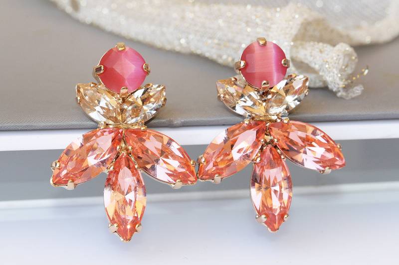 Peach Large Studs, Ohrringe, Mehrfarbige Blush Pink Brautjungfer Sommer Kristall Ohrringe, Cluster Ohrringe von rebekajewelry