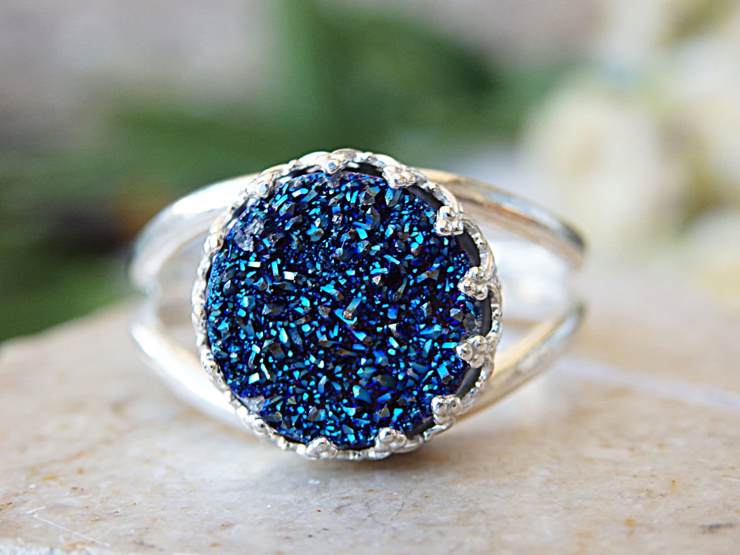 Blauer Titan Druzy Quarz Ring Sterling Silber Signet von rebekajewelry