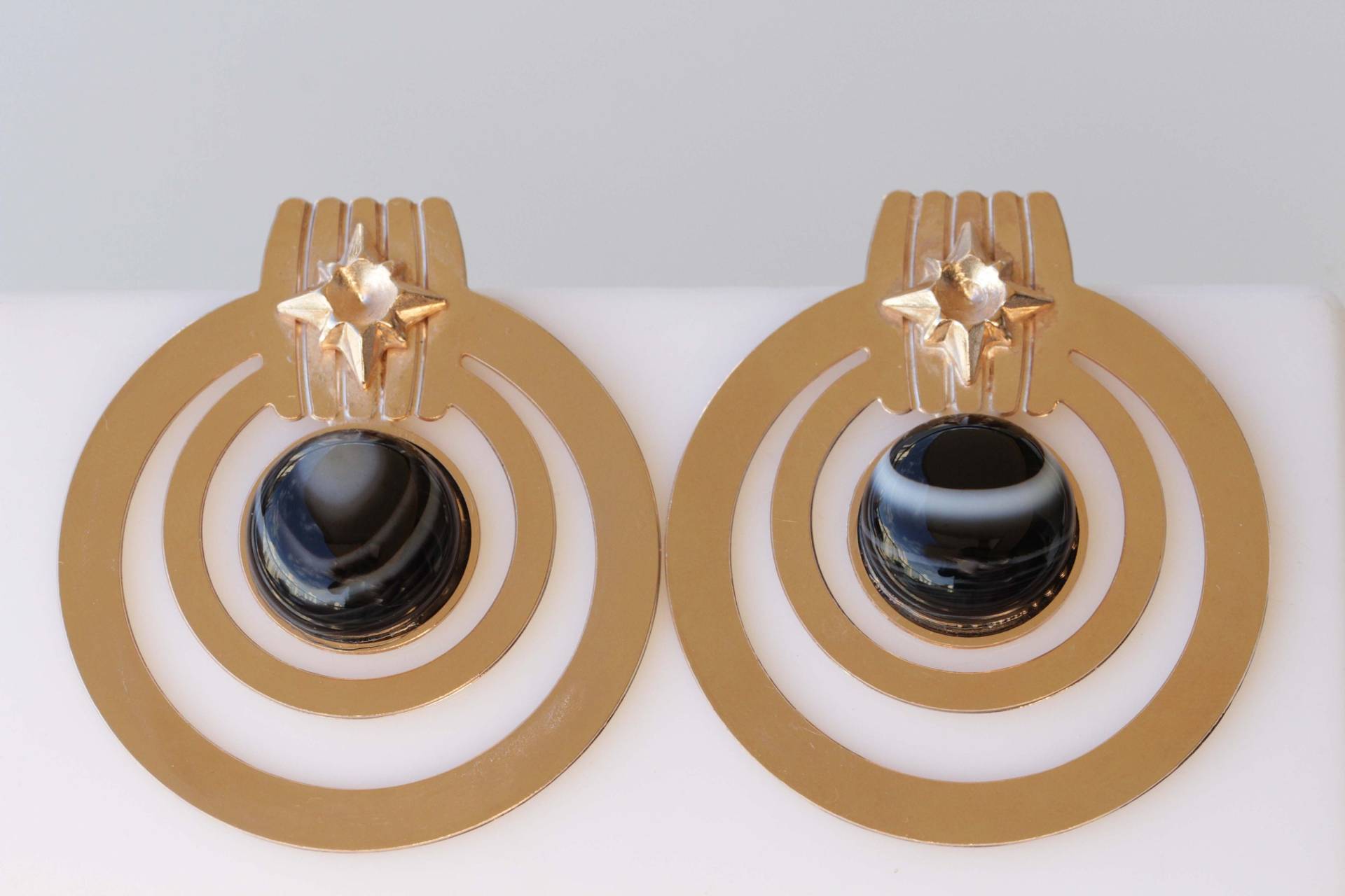 Rose Gold Hoop Ohrringe, Geschenk Für Sie, Achat Schwarze Weiße Natürliche Stein Ohrring, Große Creolen, Dominante Schmuck von rebekajewelry