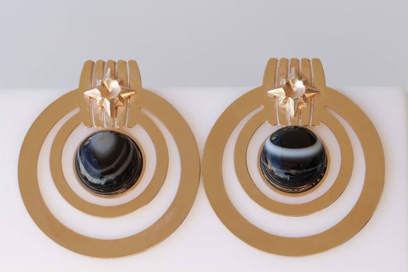 Rose Gold Hoop Ohrringe, Geschenk Für Sie, Achat Schwarze Weiße Natürliche Stein Ohrring, Große Creolen, Dominante Schmuck von rebekajewelry