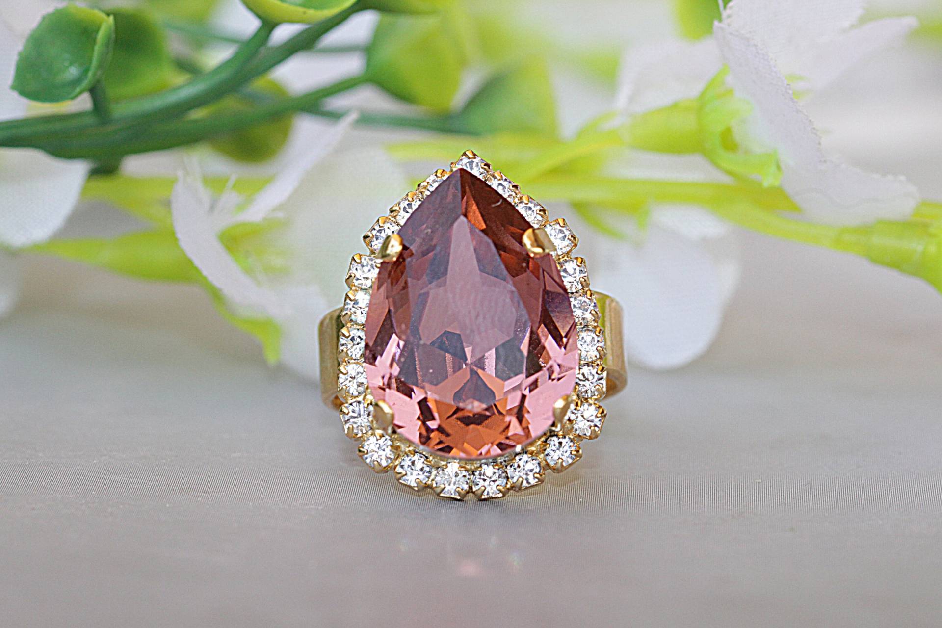 Rose Gold Cocktail Ring, Blush Kristall Antique Pink Custom Brautjungfer Geschenk, Verstellbarer Brautschmuck von rebekajewelry