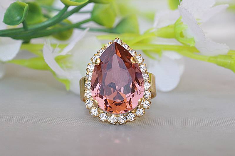 Rose Gold Cocktail Ring, Blush Kristall Antique Pink Custom Brautjungfer Geschenk, Verstellbarer Brautschmuck von rebekajewelry