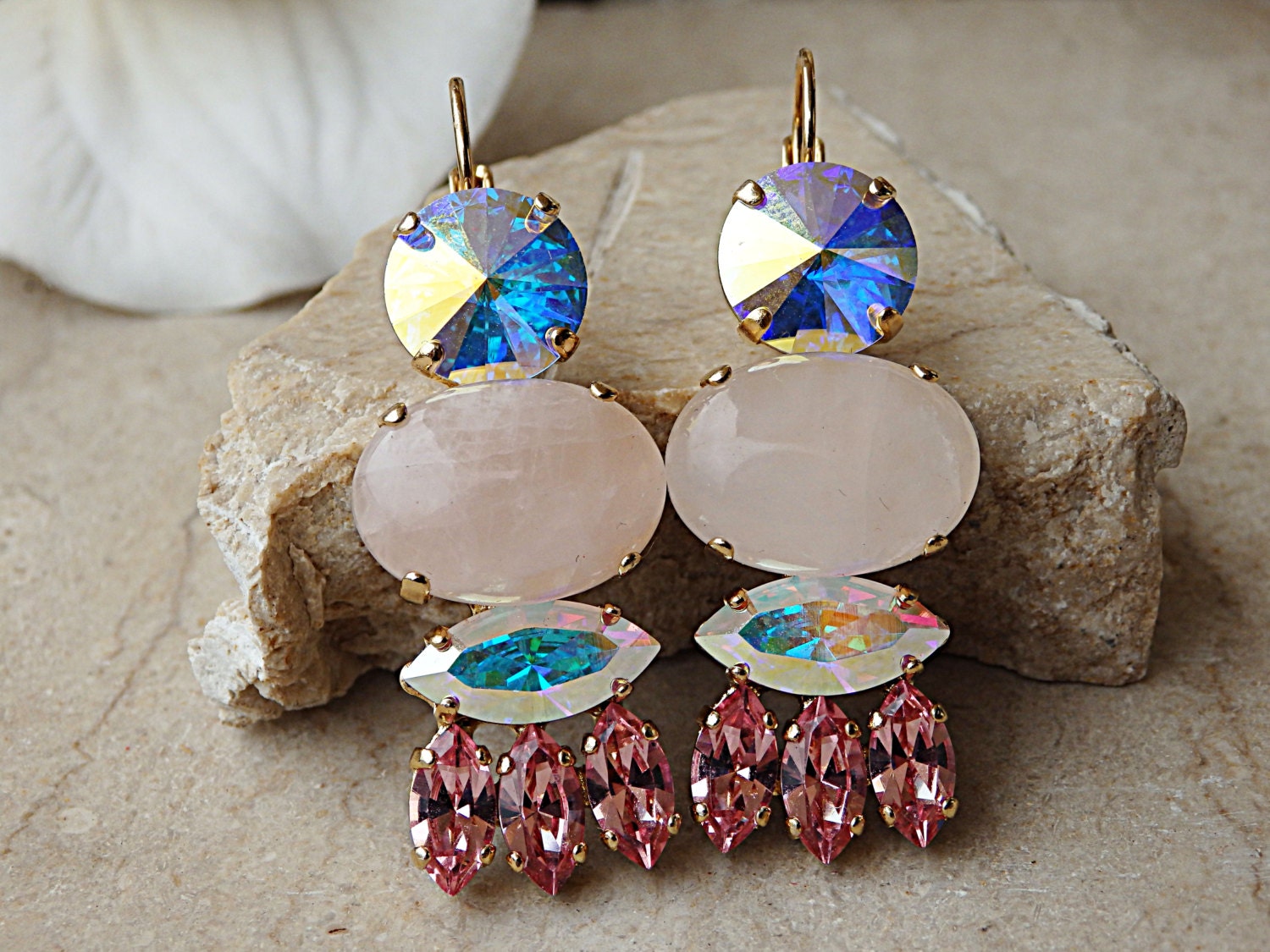 Rosenquarz Tropfen Ohrringe Ab Kristall Brautschmuck von rebekajewelry