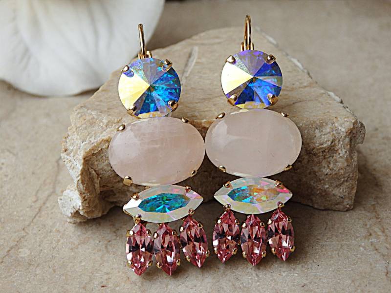 Rosenquarz Tropfen Ohrringe Ab Kristall Brautschmuck von rebekajewelry