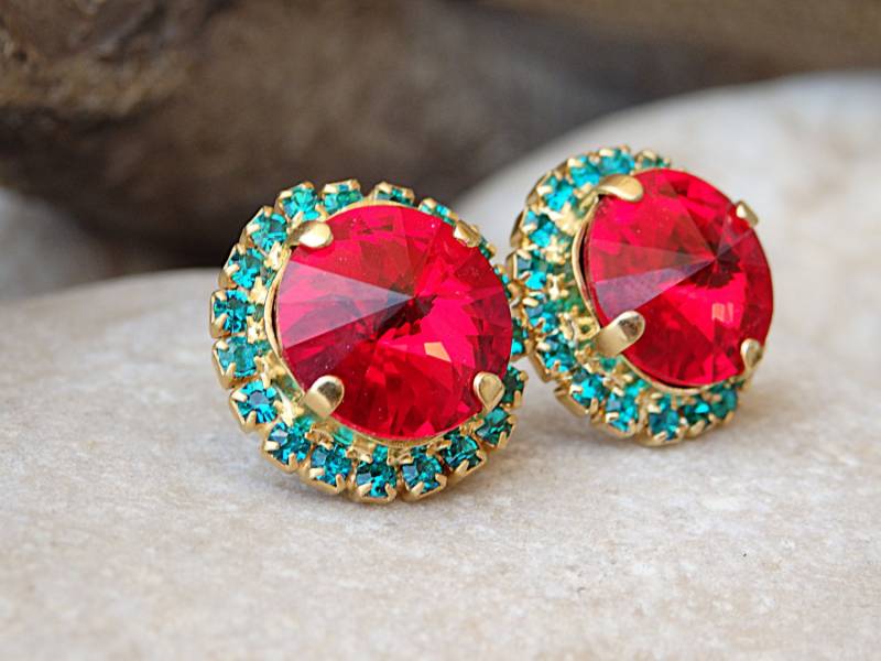 Rot Blau Ohrstecker, Rote Und Blaue Ohrringe, Kristall Braut Schmuck Geschenk von rebekajewelry