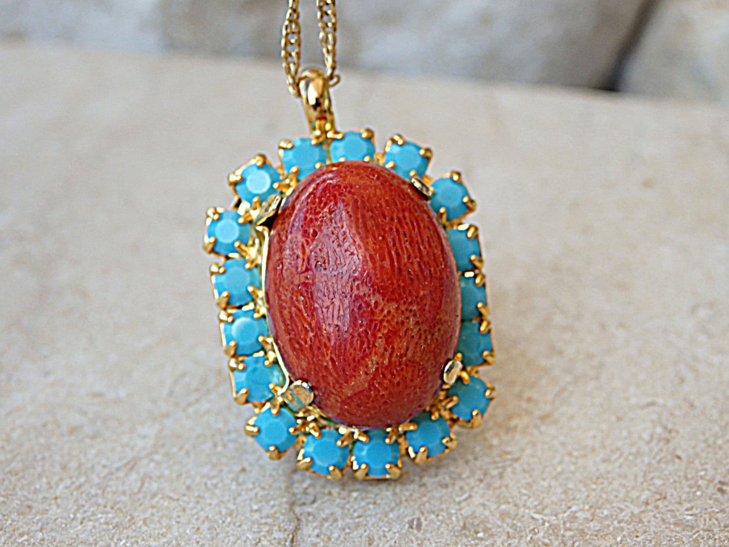 Rote Koralle Und Türkis Halskette, Rot Blau Anhänger Korallen Halskette Geschenk Für Sie, Oval Edelstein von rebekajewelry