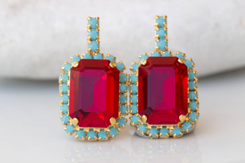 Rote Türkis Ohrringe, Rubin Kristalle Zierliche Schmuck Für Rotes Abendkleid, Blaue Und Kleine Ohrstecker Rote Türkis Ohrringe, Rubin Kristalle Zierliche Schmuck Für Rotes Abendkleid, Blaue Und Kleine Ohrstecker von rebekajewelry