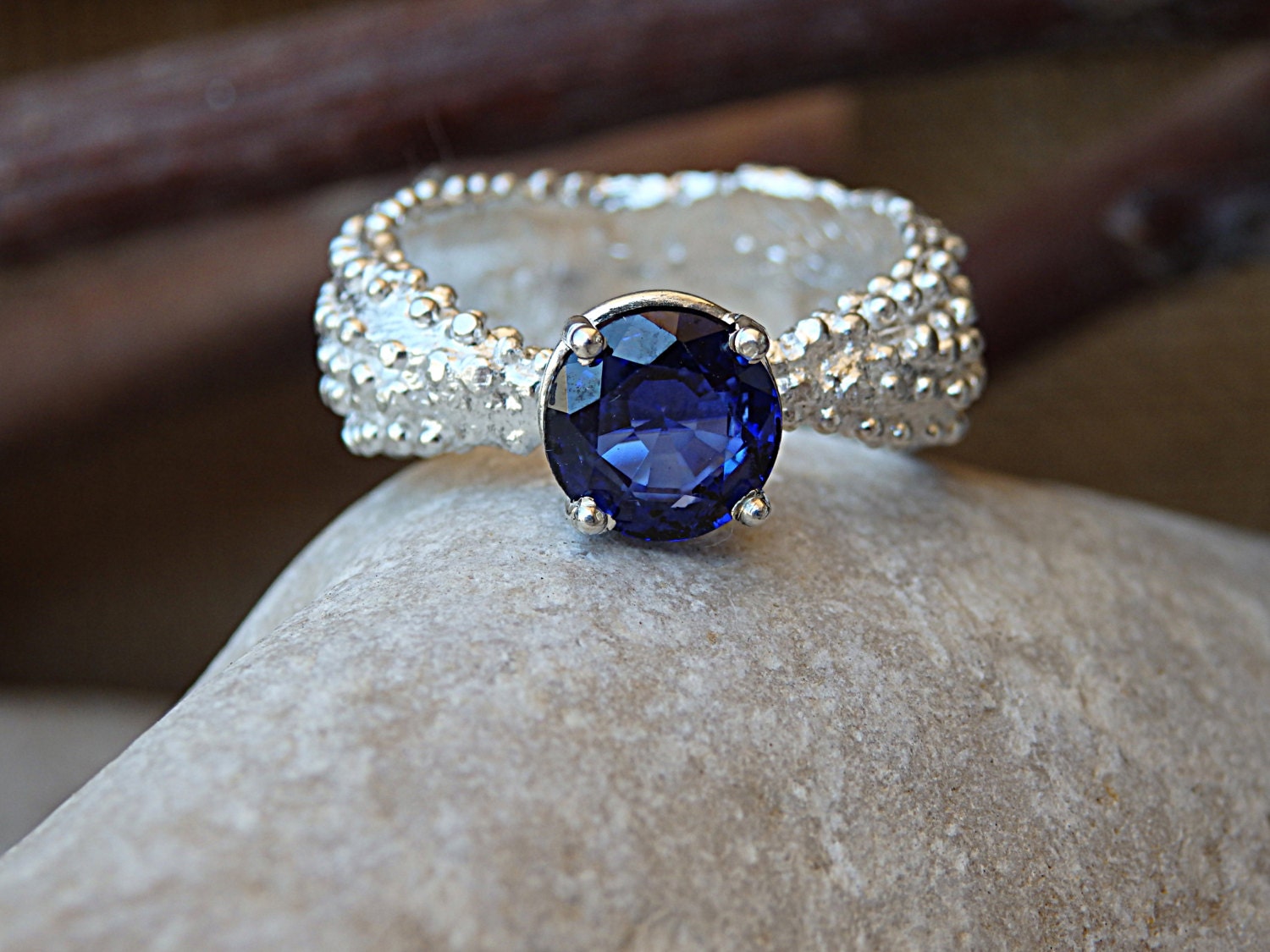 Saphir Echter Ring, Runder Edelstein Blauer Etwas Blau, 925 Sterling Silber Damenring, Solitär Ring von rebekajewelry