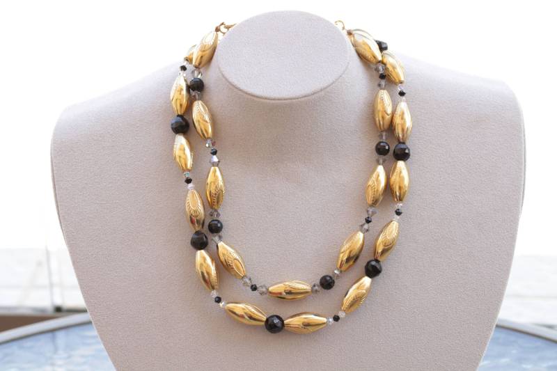 Schwarz & Gold Lariat Halskette Chunky Halskette, Handgemacht von rebekajewelry