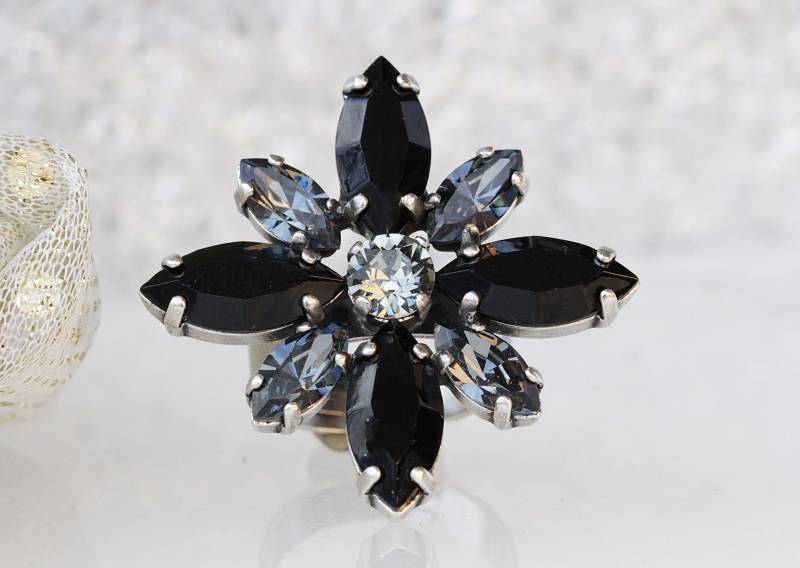 Schwarzer Grauer Ring, Blumen-Ring, Ring, Abend-Cocktail-Ring, Schwarzer Freitag-Verkaufs-Schmuck, Marquise Silberoxid-Ring, Schwester Geschenk von rebekajewelry