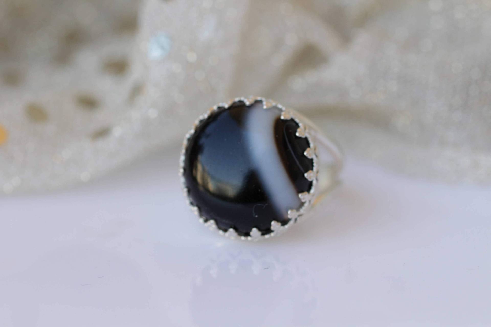 Schwarzer Achat Krönchen Ring 925 Sterling Silber Statement Schmuck von rebekajewelry