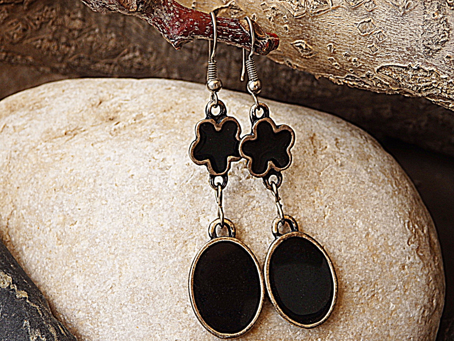 Schwarze Emaille Hängeohrringe Silber Ellipse Schmuck Geschenk von rebekajewelry