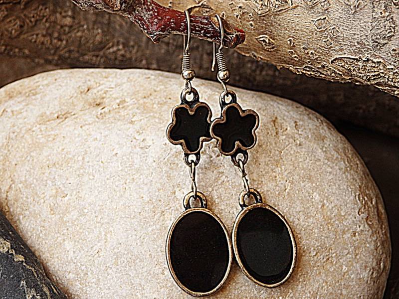 Schwarze Emaille Hängeohrringe Silber Ellipse Schmuck Geschenk von rebekajewelry