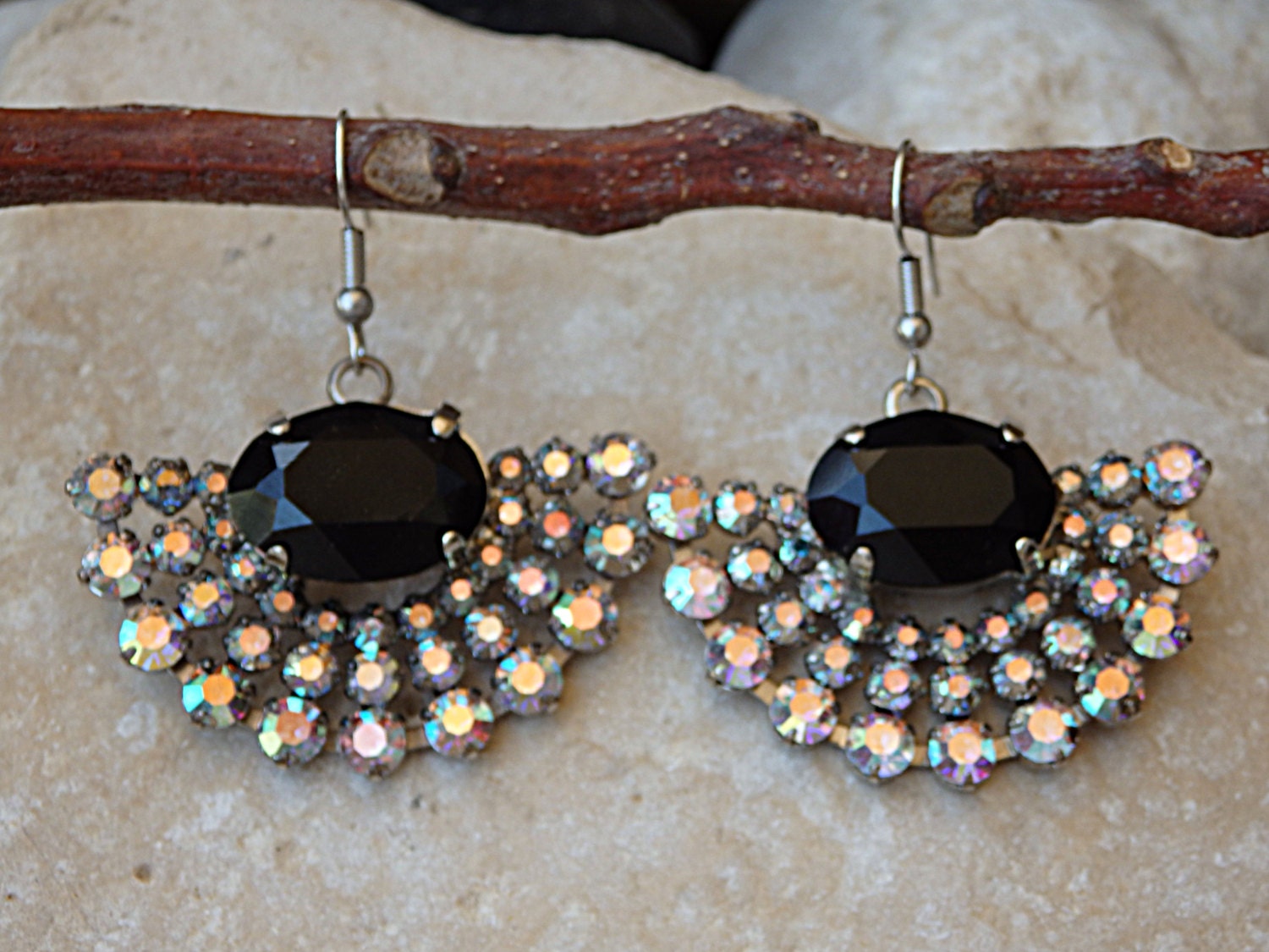 Schwarz Fächer Ohrringe, Edelstein Tropfen Abend Strass Silber Ohrringe von rebekajewelry