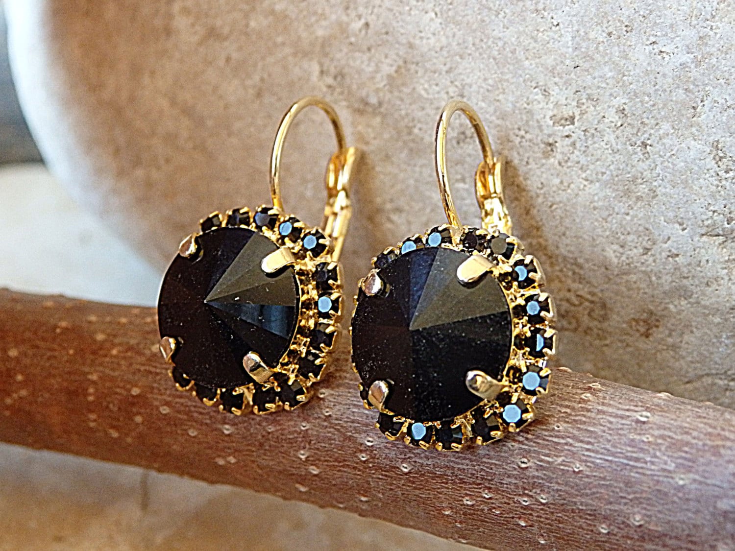 Schwarze Kristall Ohrringe, Schwarze Abgerundete Cocktail Frau Abend Schwarzer Formal Schmuck von rebekajewelry