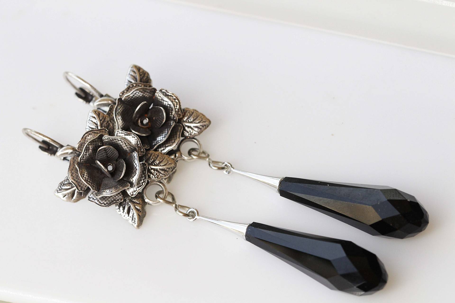 Schwarze Ohrringe, Silberoxidohrringe, Boho Blumenohrringe, Lange Ohrringe, Hippieschmuck von rebekajewelry