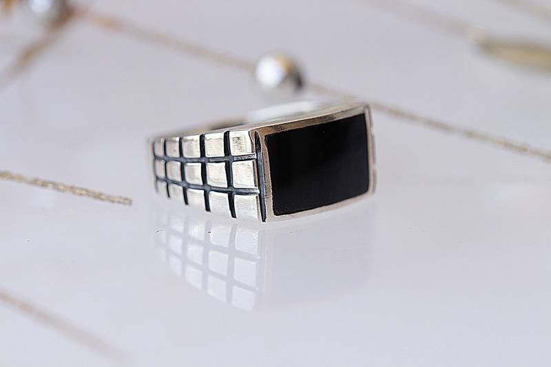 Schwarzer Onyx Ring, Herren Siegelring, Schwarzer Stein Ring, Onyx Silber Ring Rechteckig, Damen Schmuck, Geschenk Für Mann, Edelsteine von rebekajewelry