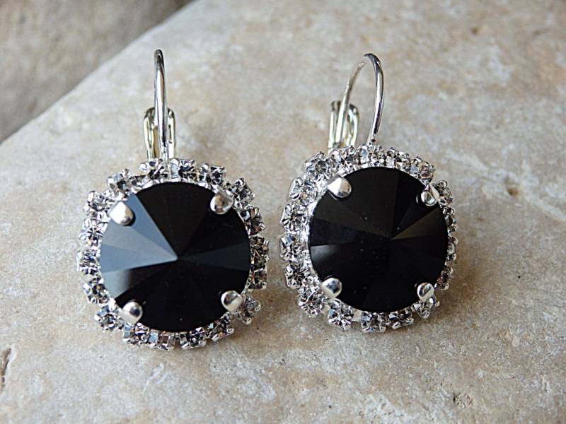 Schwarze Tropfen Ohrringe, Silber Schwarz Runde Cocktail Abend Baumeln Ohrringe Geschenk von rebekajewelry