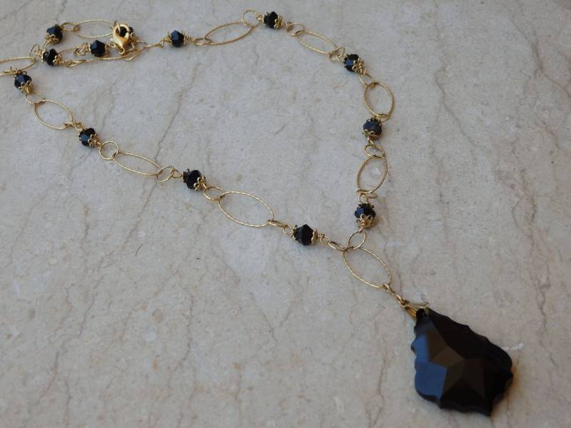 Schwarze Teardrop Y-Halskette, Gold Gefüllte Teardrop-Anhänger-Halskette, Damen Großen Anhänger Halskette, Crystal Abend Halskette von rebekajewelry