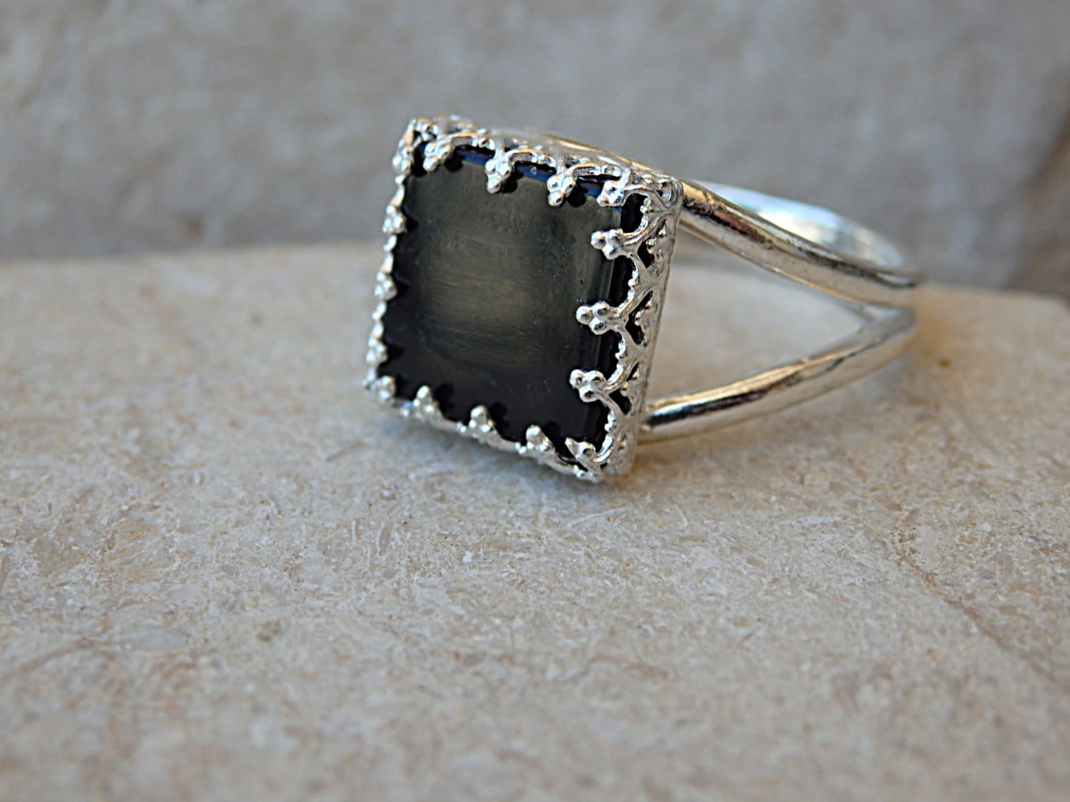 Schwarzer Quadrat Onyx Ring, 925 Sterling Silber Großer Schwarzer Stein Ring Für Frauen Quadratisch Geschnittener von rebekajewelry
