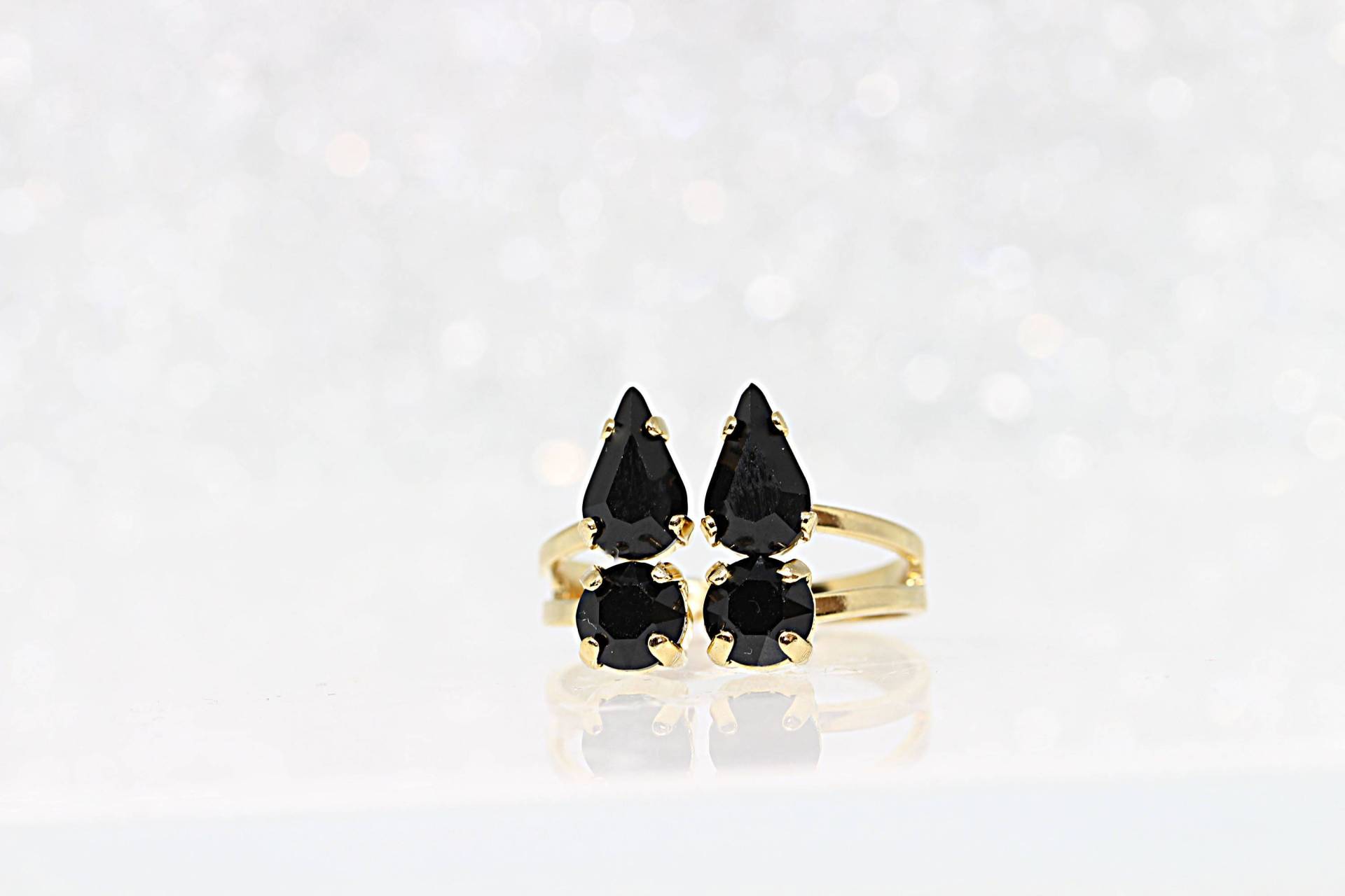 Schwarzer Ring, Schwarzer Kristall Schwarz Und Gold Schmuck, Jet Schwarz Schwarze Cocktail Doppelring, Teardrop Stapelring von rebekajewelry