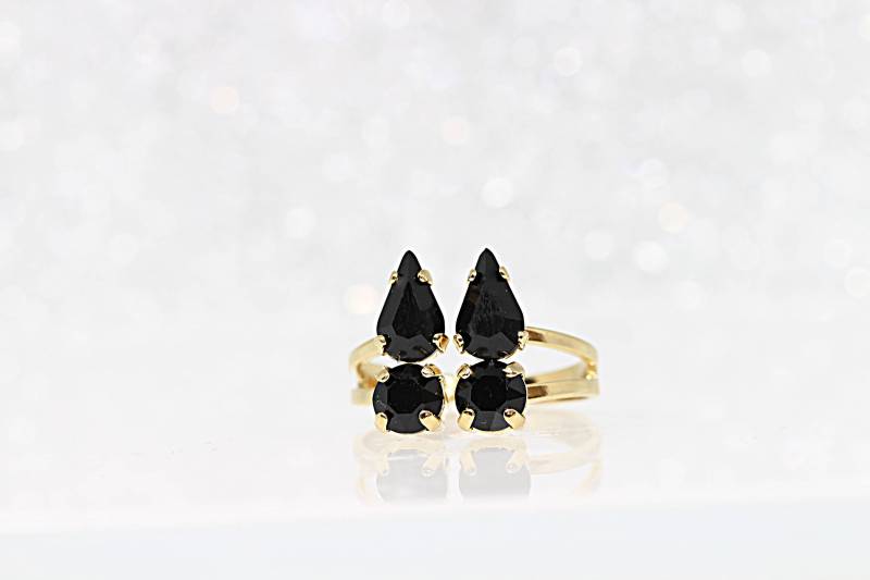 Schwarzer Ring, Schwarzer Kristall Schwarz Und Gold Schmuck, Jet Schwarz Schwarze Cocktail Doppelring, Teardrop Stapelring Schwarzer Ring, Schwarzer Kristall Schwarz Und Gold Schmuck, Jet Schwarz Schwarze Cocktail Doppelring, Teardrop Stapelring von rebekajewelry