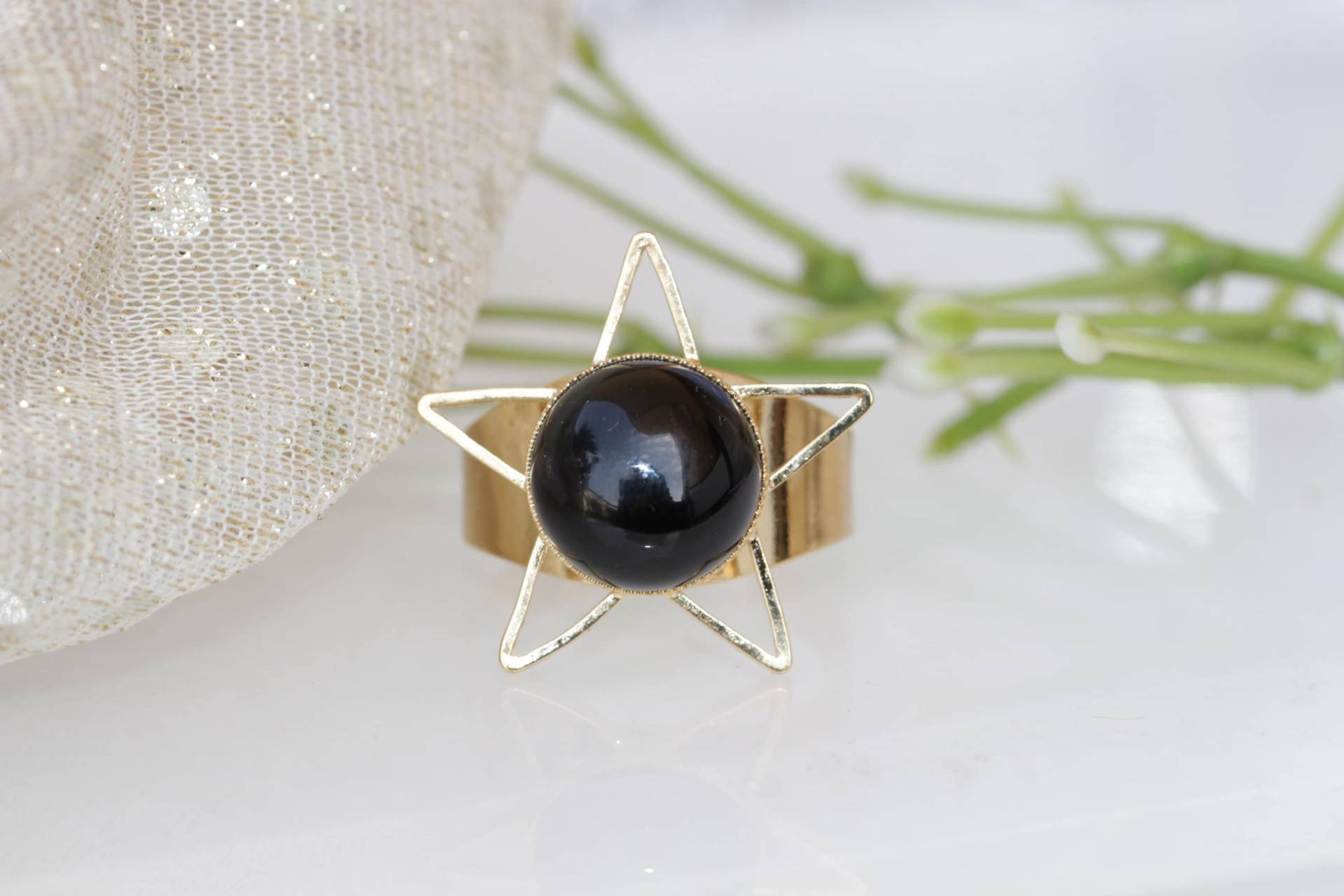 Schwarzer Stern Ring, Gold Onyx Ring Für Sie, Verstellbarer Edelstein Hohl Einzigartiger Juli Birthstone von rebekajewelry