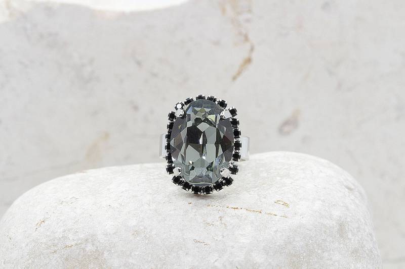 Silber Grauer Kristall Ring Verstellbarer Brautschmuck von rebekajewelry