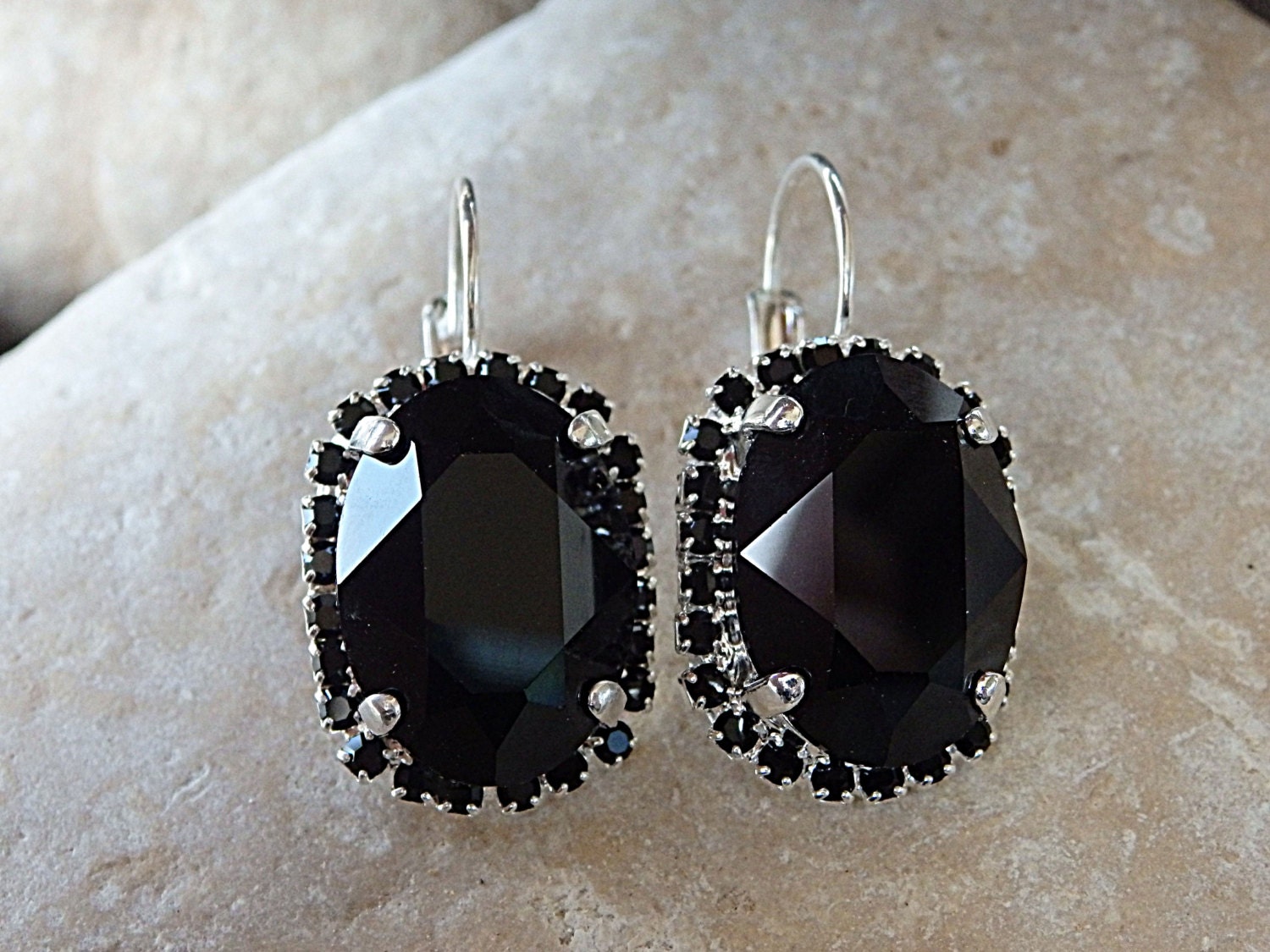 Silber Schwarze Diamant Tropfen Ohrringe, Kristall Schwarz Stein Ohrringe von rebekajewelry