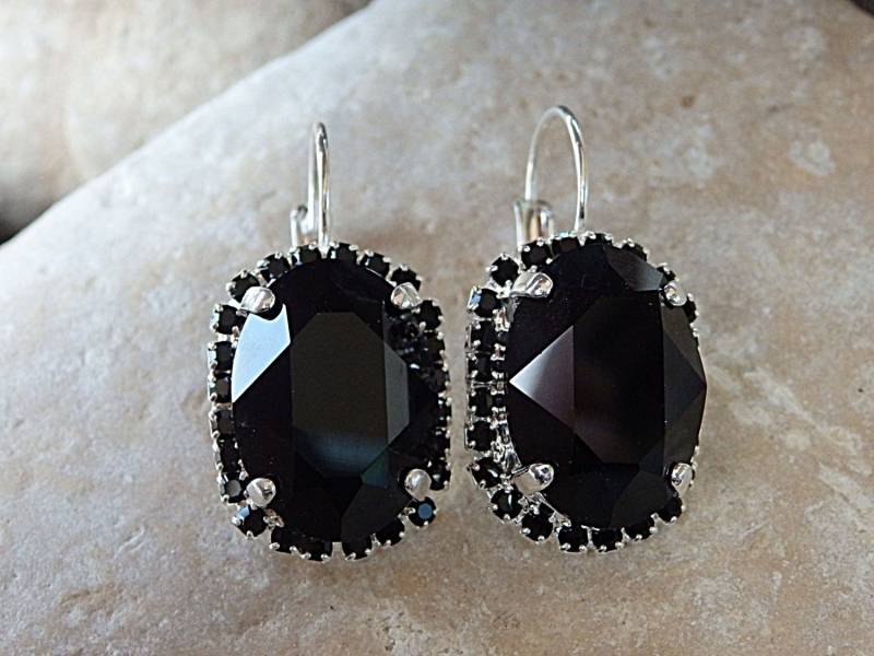 Silber Schwarze Diamant Tropfen Ohrringe, Kristall Schwarz Stein Ohrringe von rebekajewelry
