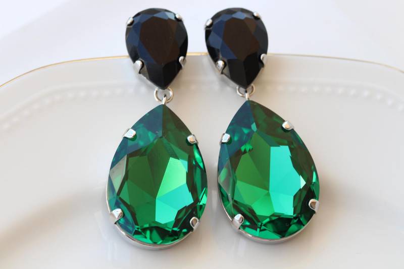 Smaragd Kristalle Ohrringe Dunkelgrüne Und Schwarze Statement Braut Lange Kronleuchter, Große Tröpfchen von rebekajewelry